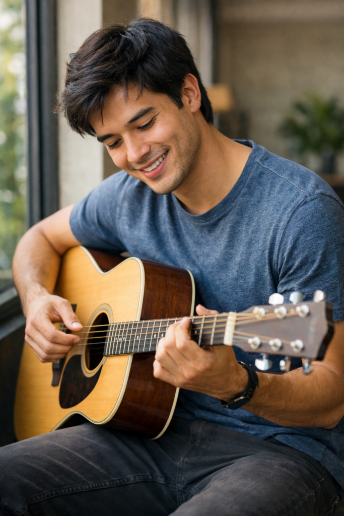 A young lad playing a guitar