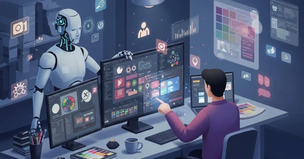 Illustration contrasting an AI agent (depicted as a stylized robot) on the left with a human working at a computer on the right. 
The robot form is a visual metaphor — AI has no physical body — highlighting the gap between public perception and the invisible reality of AI